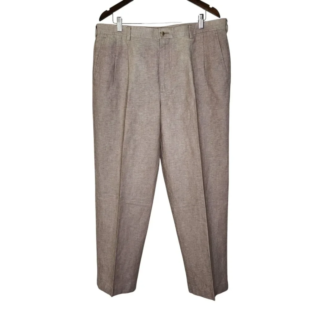 Vtg Roundtree & Yorke Mens Beige Linen Blend Gold Label Pleated Pants Size 38x29